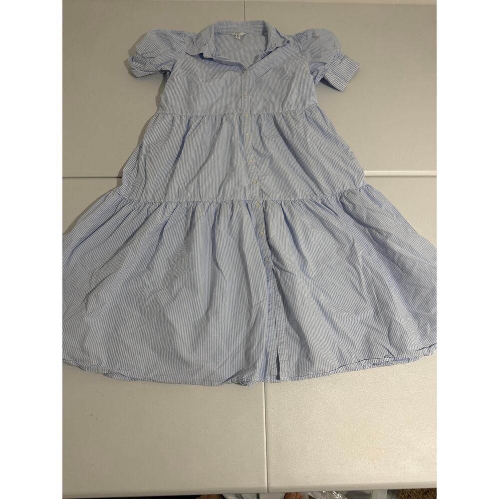 Crown & Ivy Blue White Stripe Tiered Midi Dress Puff Sleeve Button XL